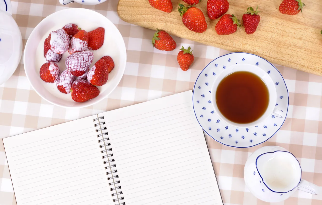 Photo wallpaper berries, tea, Breakfast, milk, strawberry, Notepad, drink