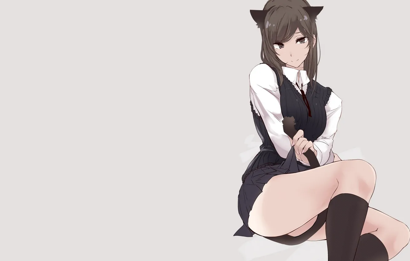Photo wallpaper schoolgirl, knee, grey background, sitting on the floor, vest, cat ears, neko girl, the cat's …