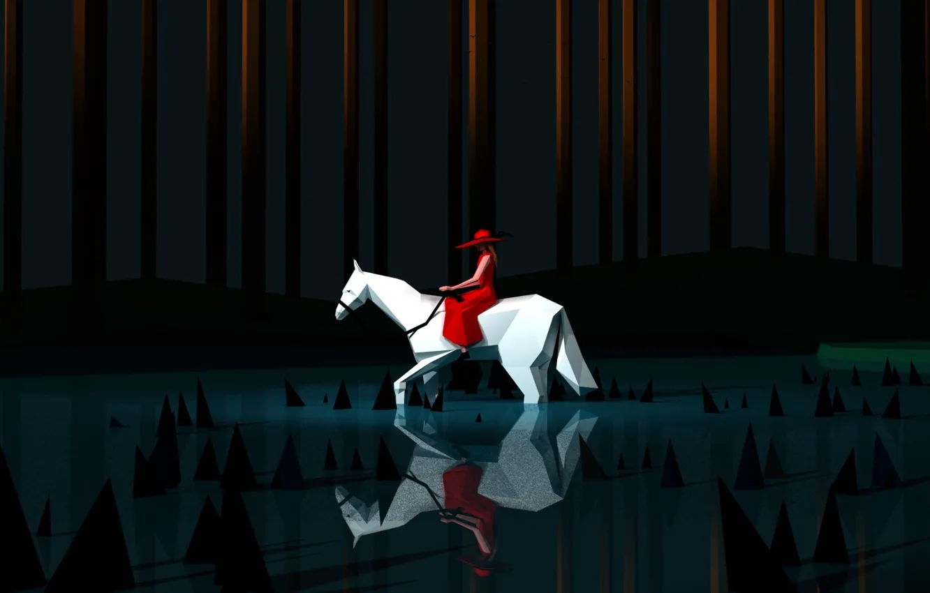 Photo wallpaper Reflection, Girl, Minimalism, Horse, White, Forest, Horse, In red