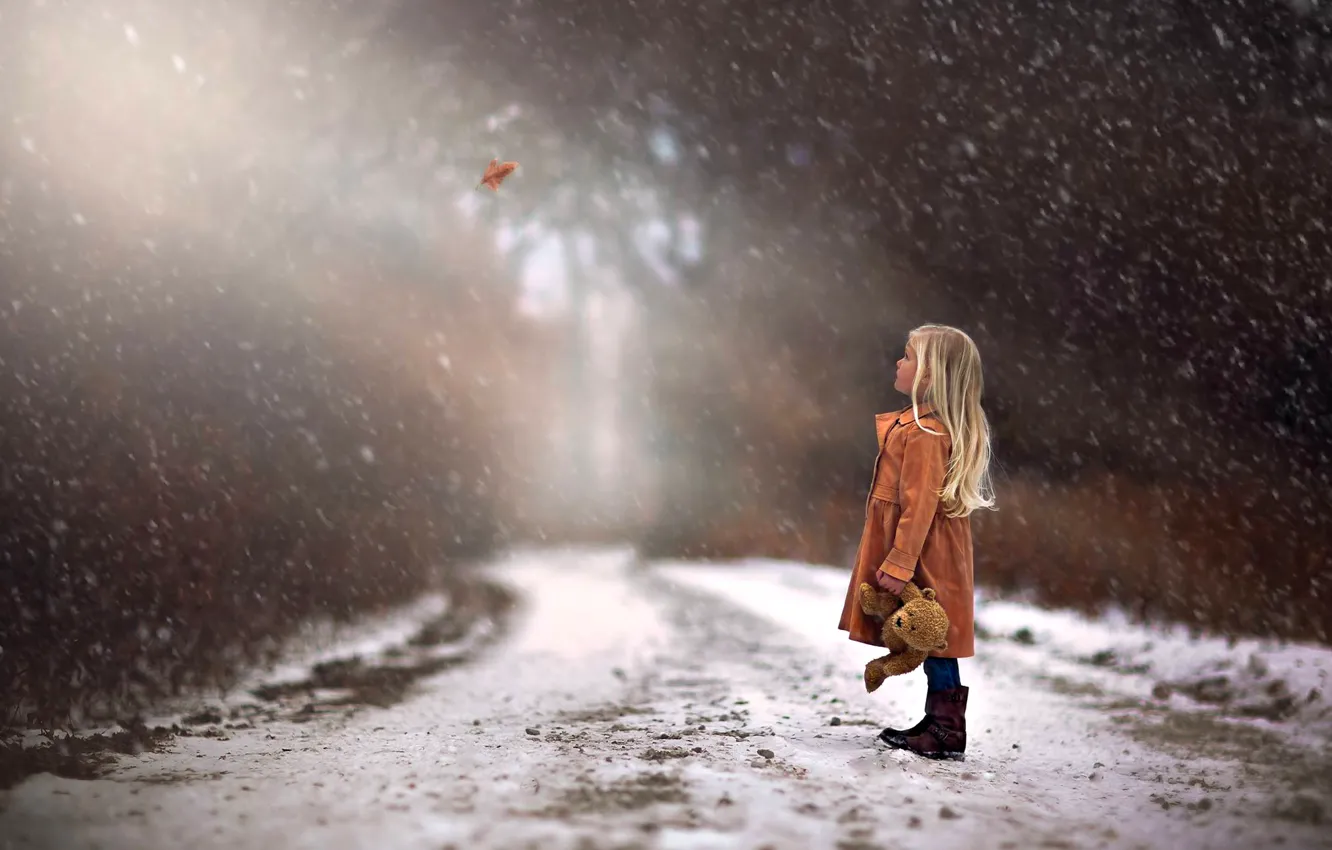 Photo wallpaper winter, road, autumn, forest, trees, nature, girl