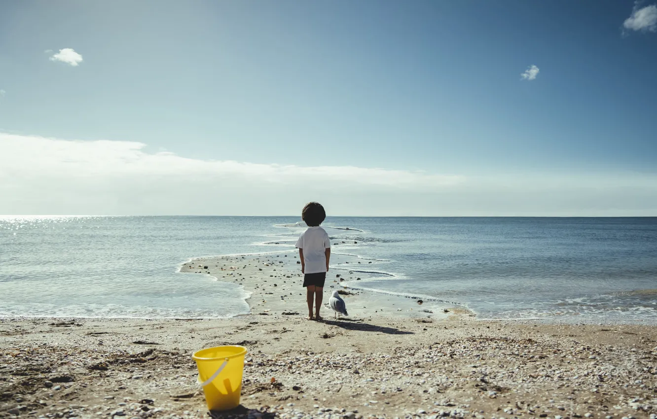 Photo wallpaper sand, sea, clouds, light, children, childhood, pebbles, rendering