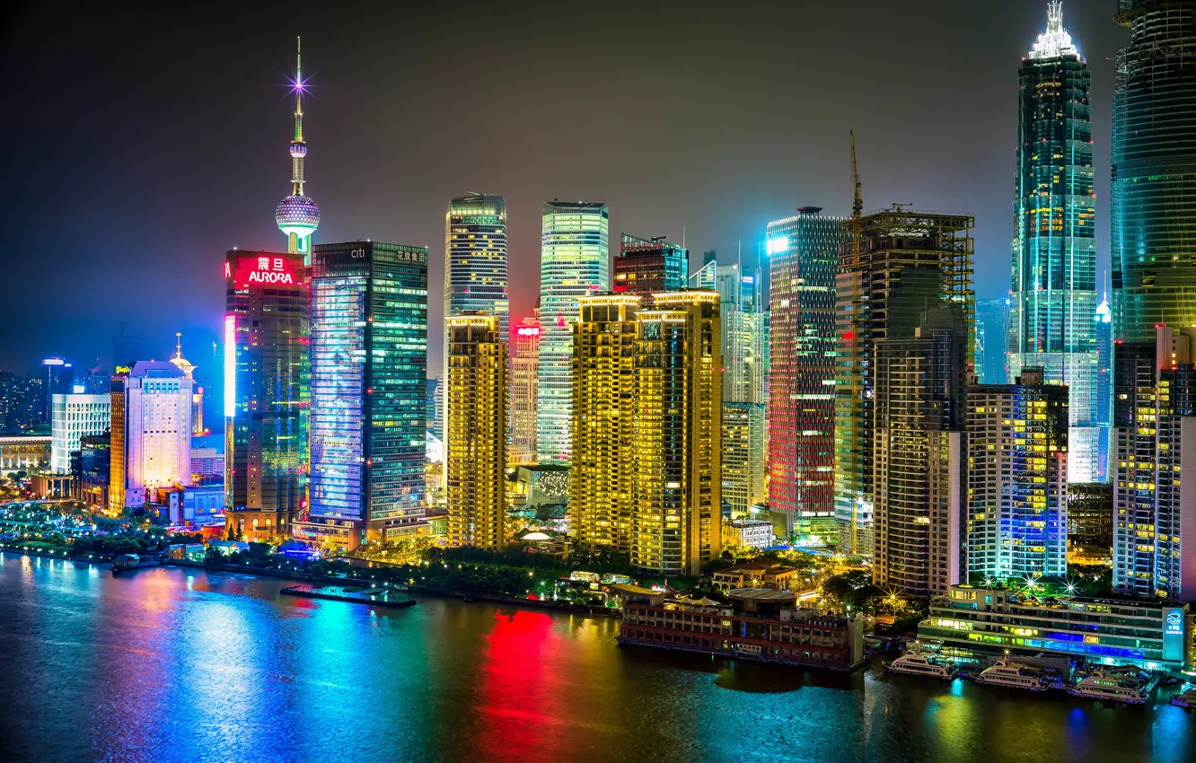 Photo wallpaper river, China, building, China, Shanghai, Shanghai, night city, skyscrapers