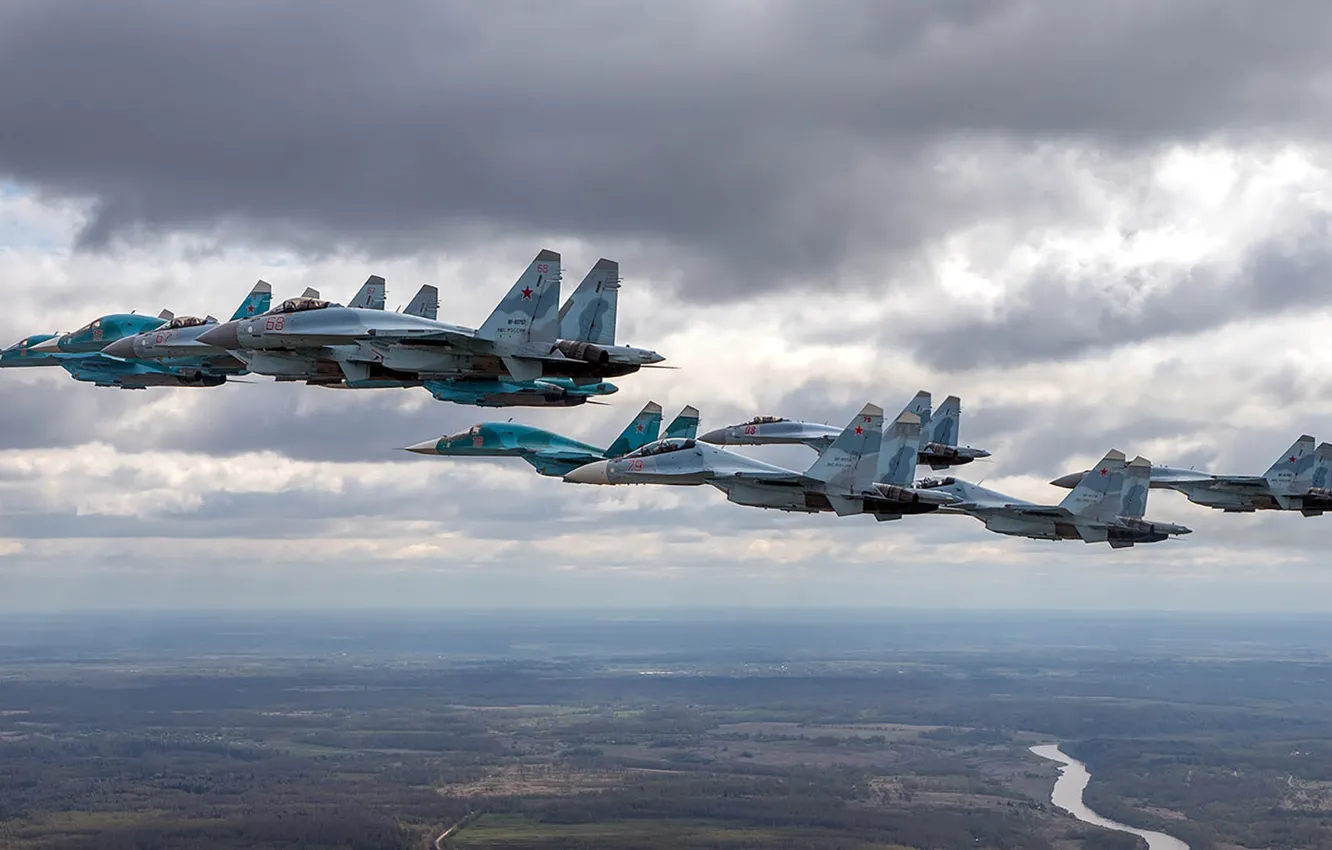 Photo wallpaper Su-35S, Su-34, double, Sukhoi, the 4+generation, Su-30CM, Videoconferencing Russia, Russian multipurpose