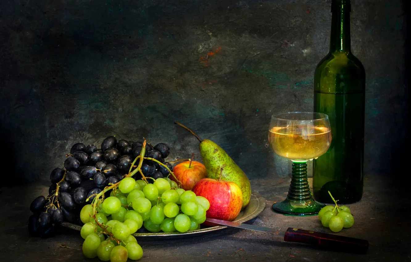Photo wallpaper bottle, knife, fruit, still life, white wine, Sweet wine flows