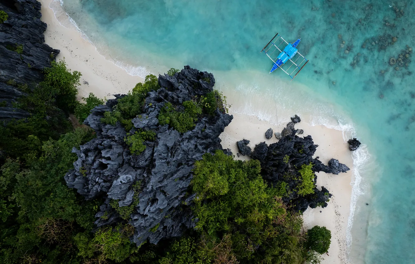 Photo wallpaper beach, sea, coast, sand, boat, cliff, tropic, aerial view