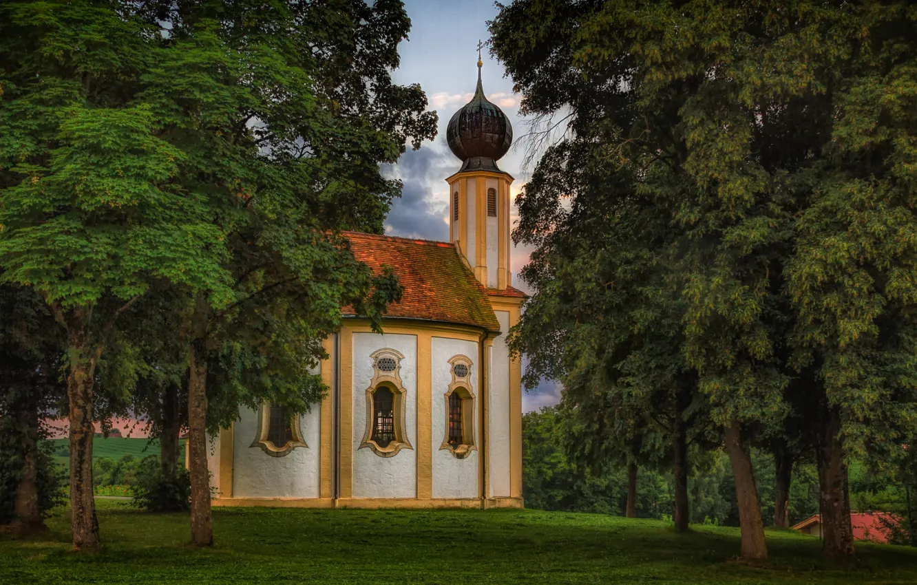 Photo wallpaper greens, summer, trees, glade, Church, the dome, crown
