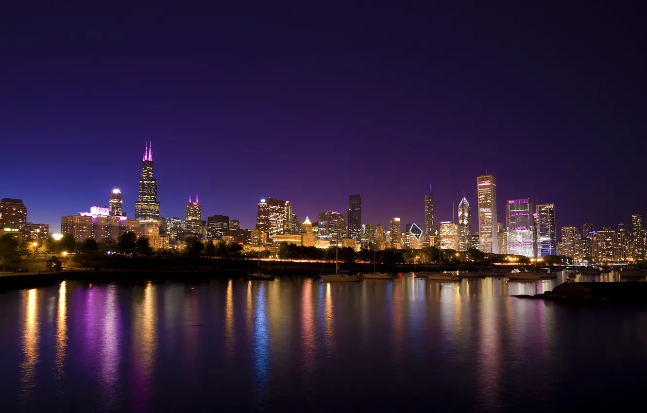 Photo wallpaper city, the city, lights, Park, yachts, the evening, USA, Chicago