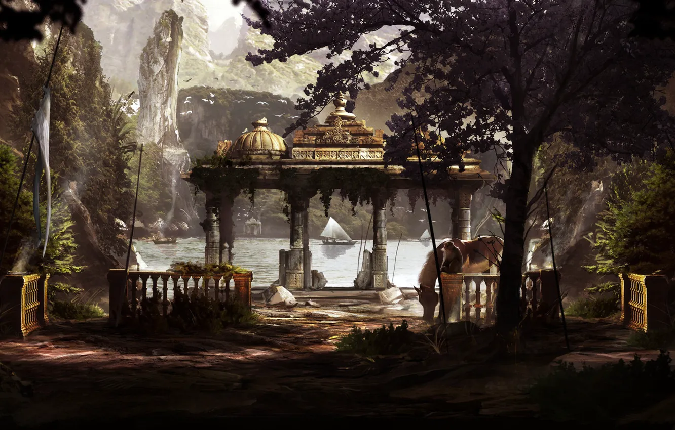 Photo wallpaper mountains, shore, horse, Concept Artist, Armando Savoia