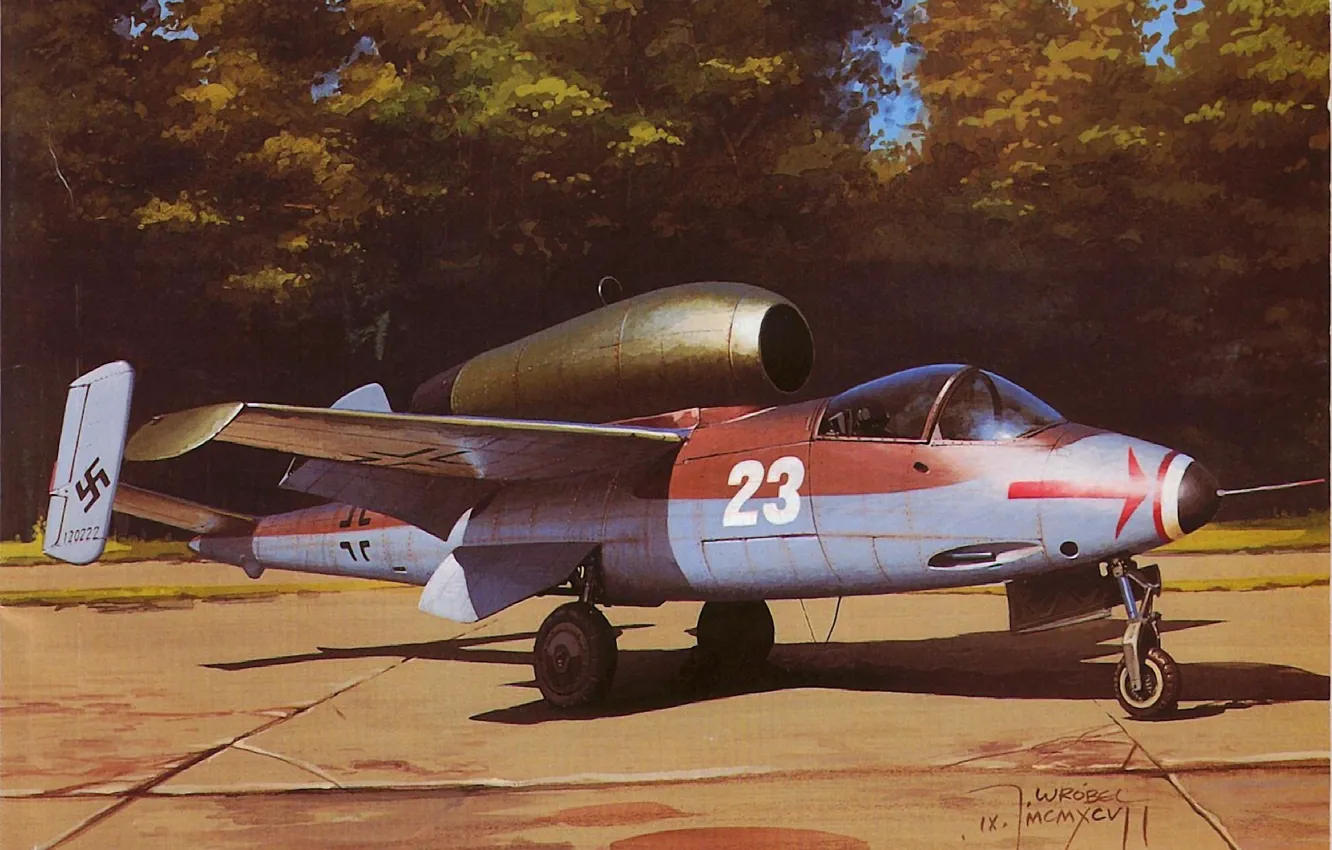 Photo wallpaper forest, the sky, war, fighter, Art, the airfield, German, Heinkel