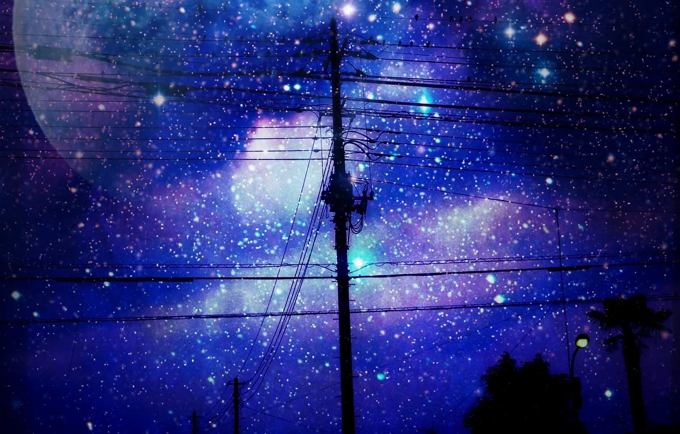 Photo wallpaper the sky, stars, trees, night, the city, the moon, posts, wire