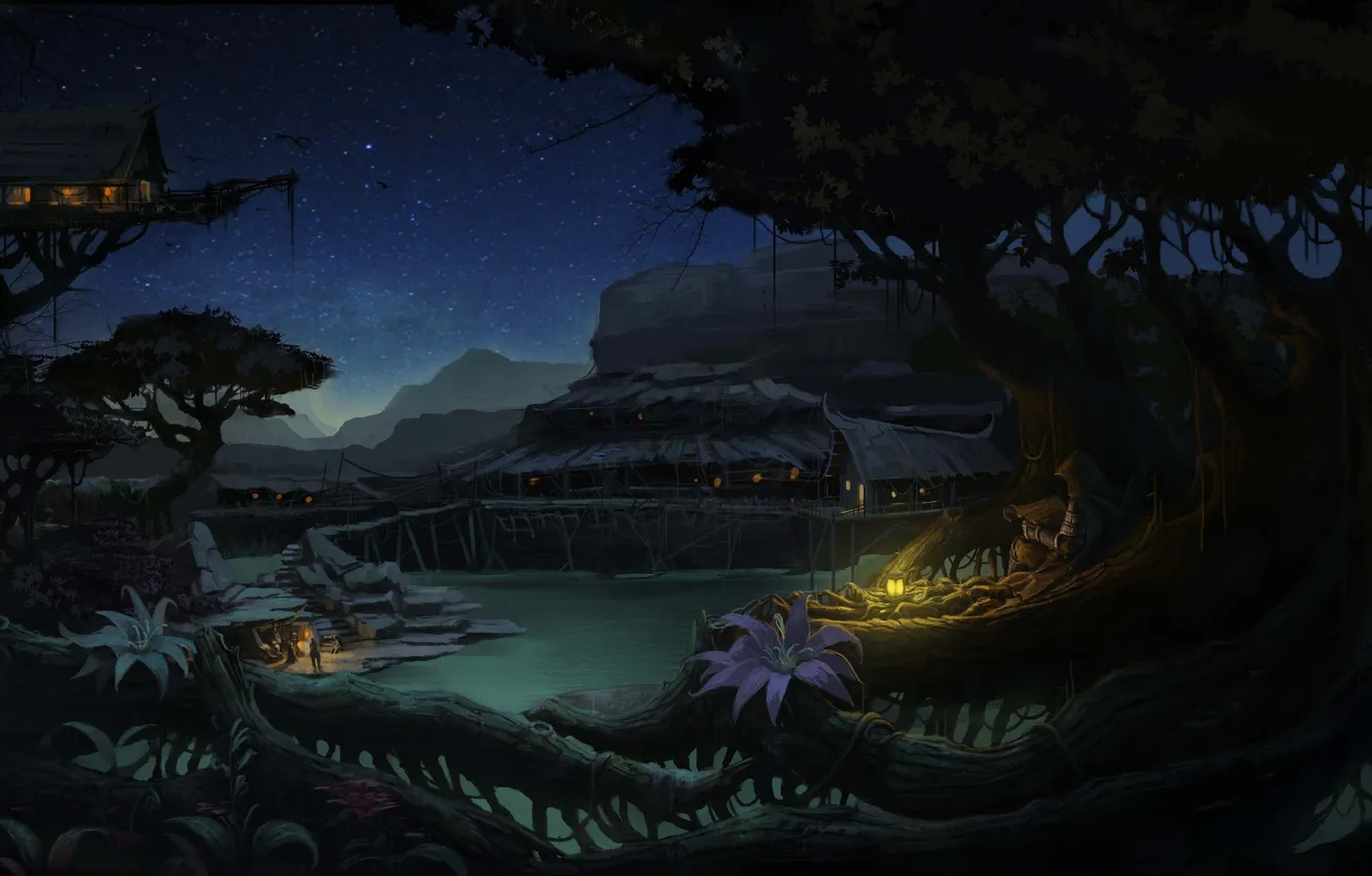 Photo wallpaper trees, flowers, night, roots, home, art, lights, settlement