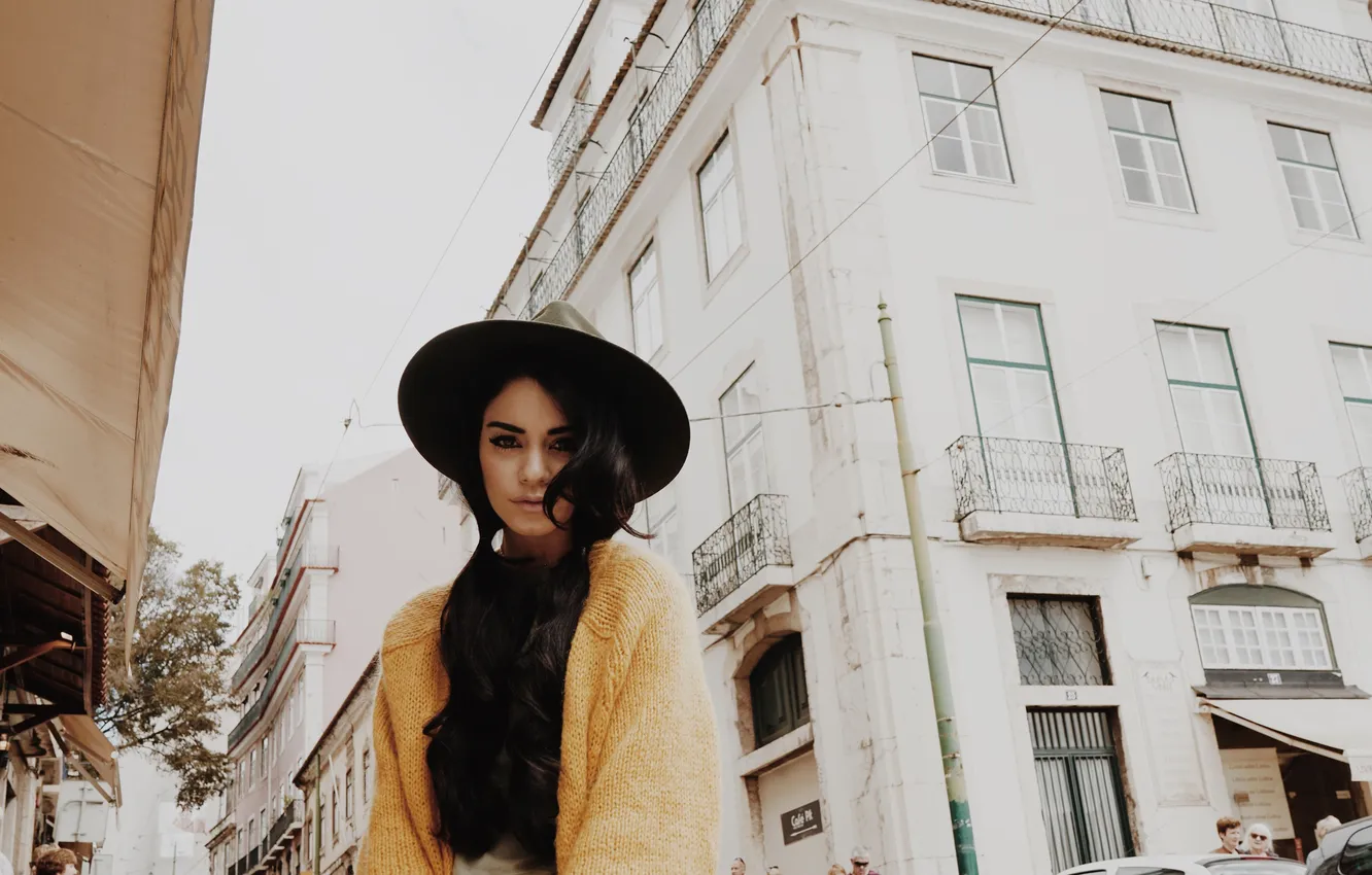 Photo wallpaper girl, stars, street, hat, actress, Vanessa Hudgens