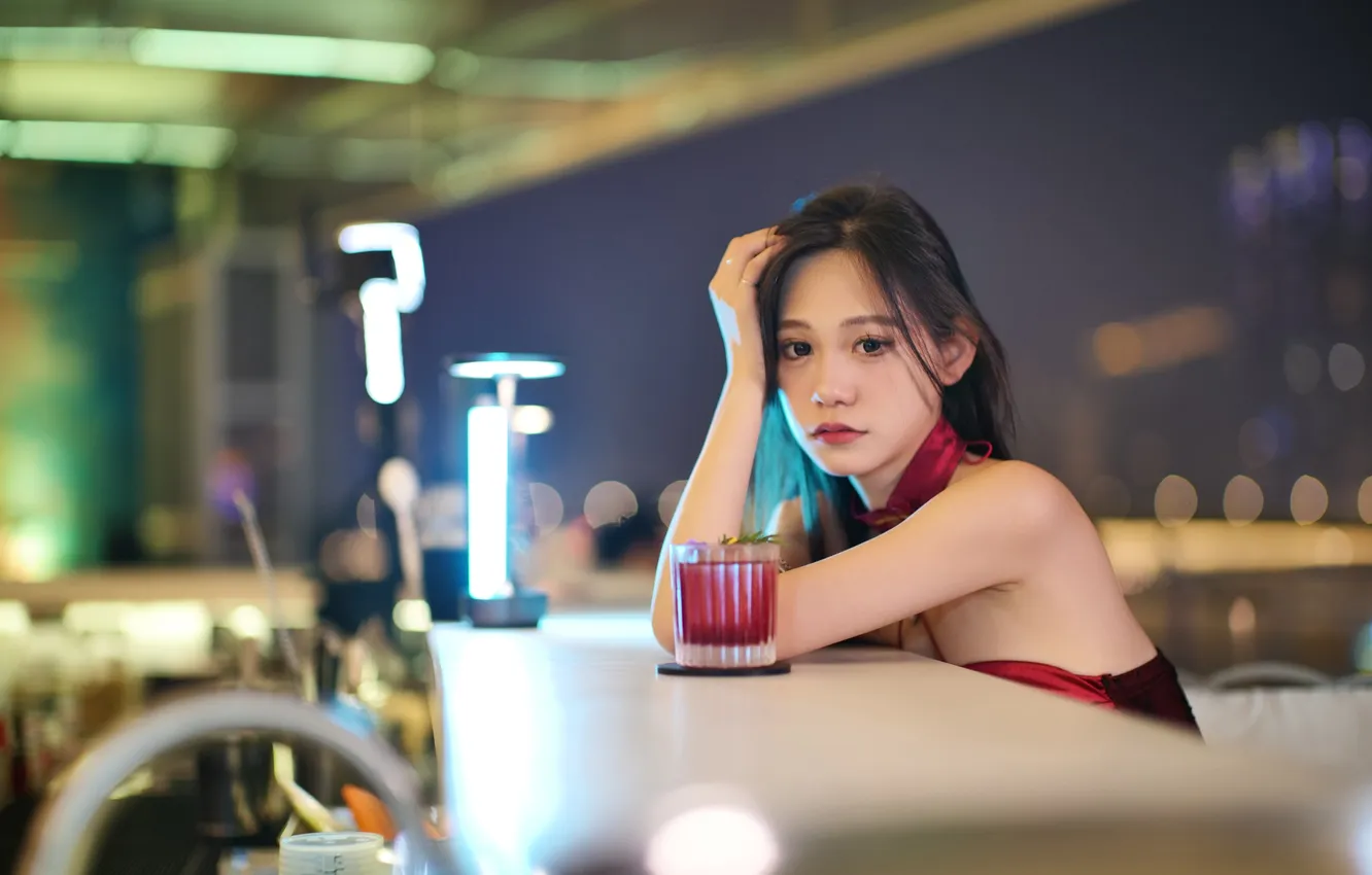 Photo wallpaper woman, night, bar, beautiful, model, pretty, drinks, asian