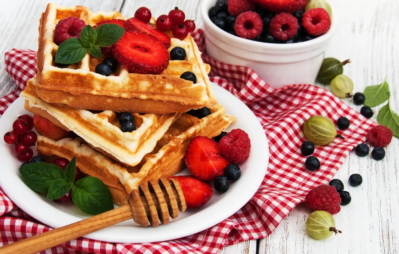 Photo wallpaper berries, raspberry, Breakfast, blueberries, waffles, breakfast, fresh berries