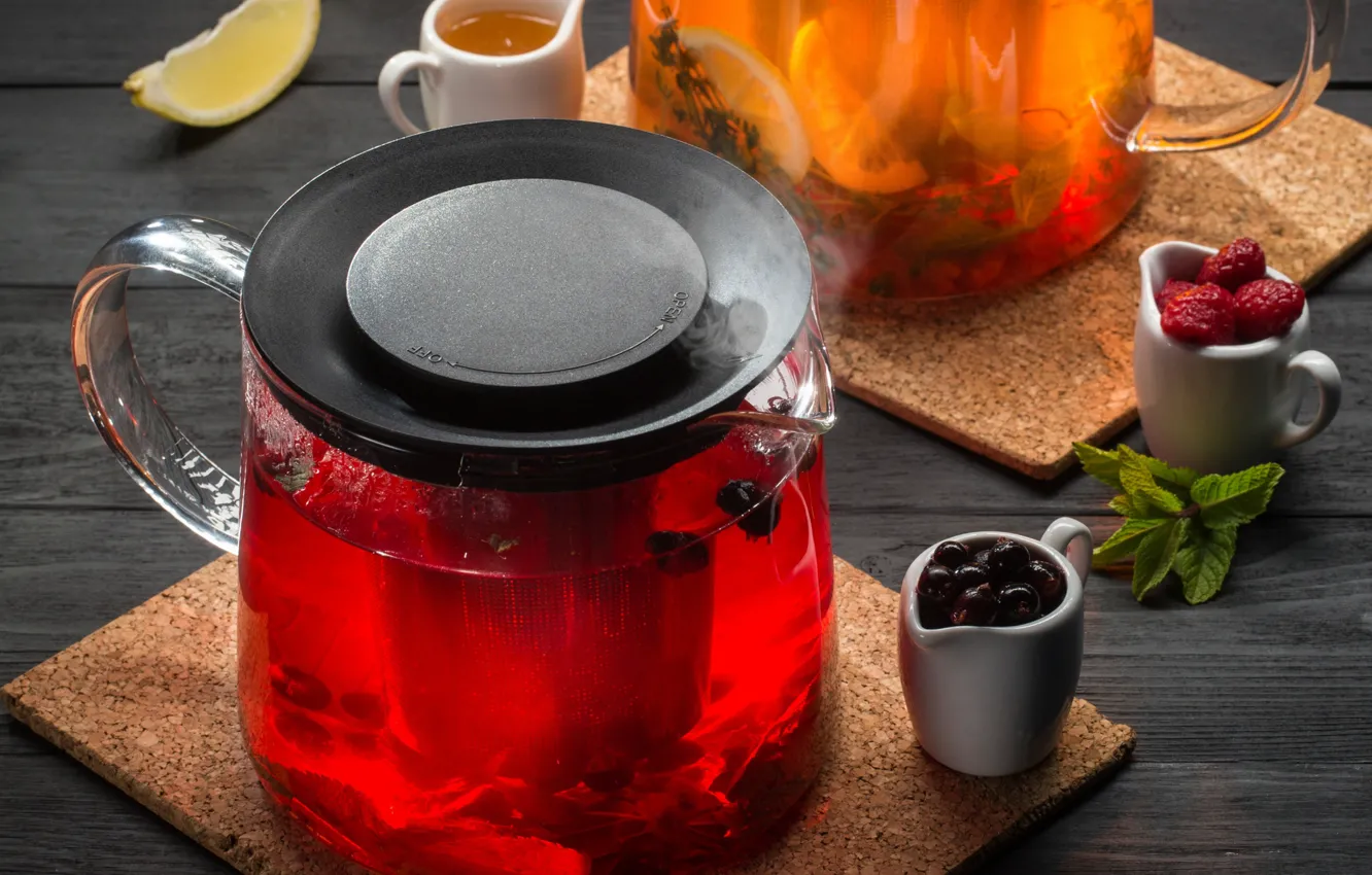 Photo wallpaper raspberry, tea, honey, mint, currants, berry
