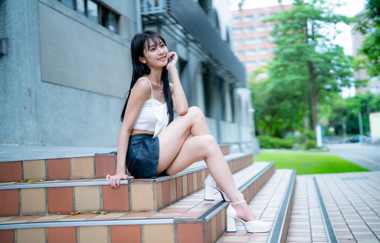 Photo wallpaper girl, skirt, Mike, legs, Asian, bokeh
