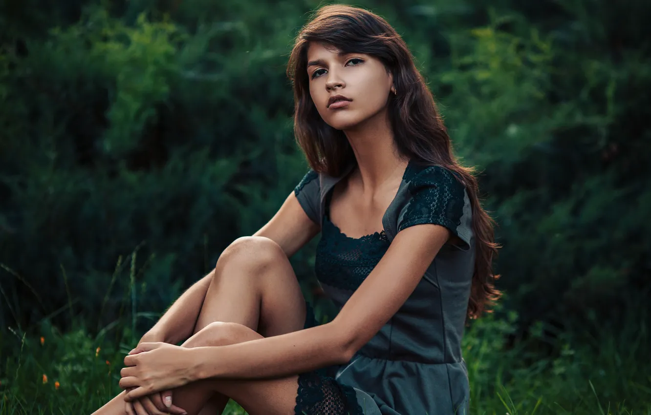 Photo wallpaper greens, summer, grass, girl, nature, dress, brunette, curls