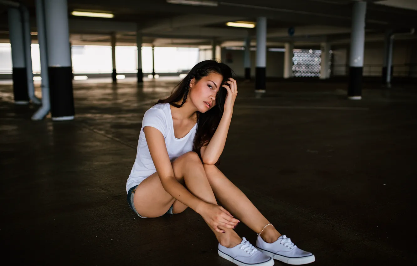 Photo wallpaper girl, pose, shorts, sneakers, brunette, sitting