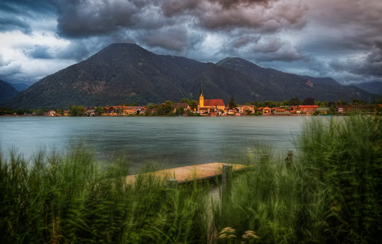 Photo wallpaper grass, clouds, mountains, shore, Bayern, Alps, Church, houses