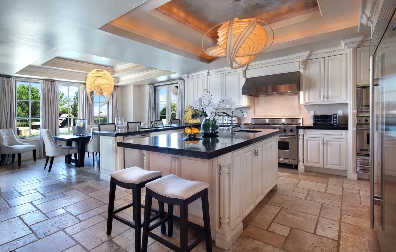 Photo wallpaper kitchen, design, kitchen, lamp, mansion, flowers, interior, design