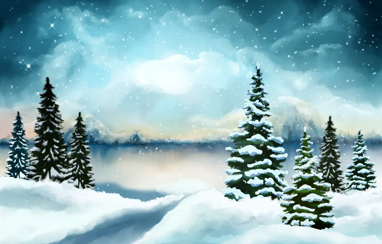 Photo wallpaper winter, forest, the sky, clouds, snow, clouds, shore, graphics