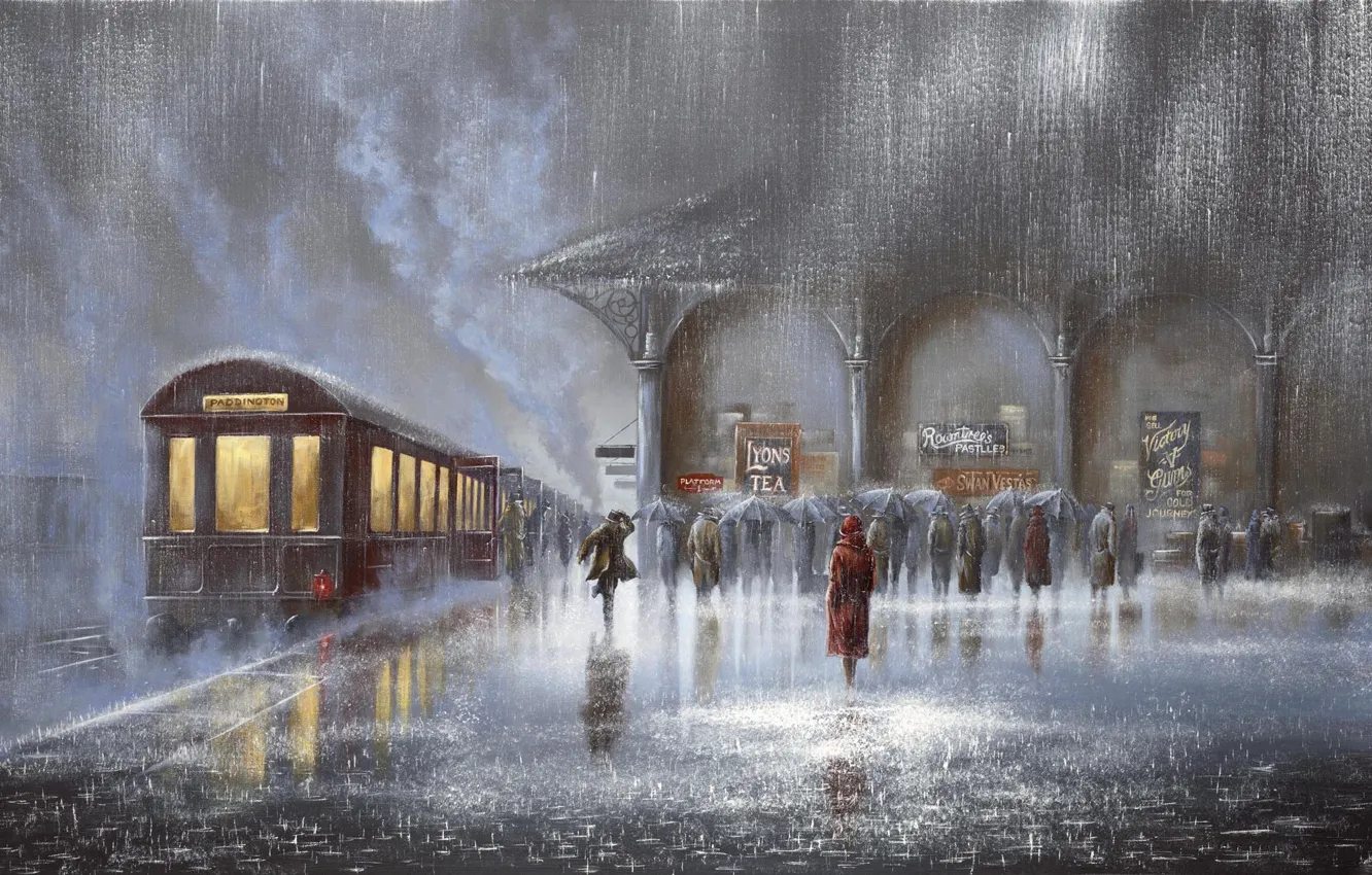 Photo wallpaper people, rain, woman, meeting, station, train, picture, the car