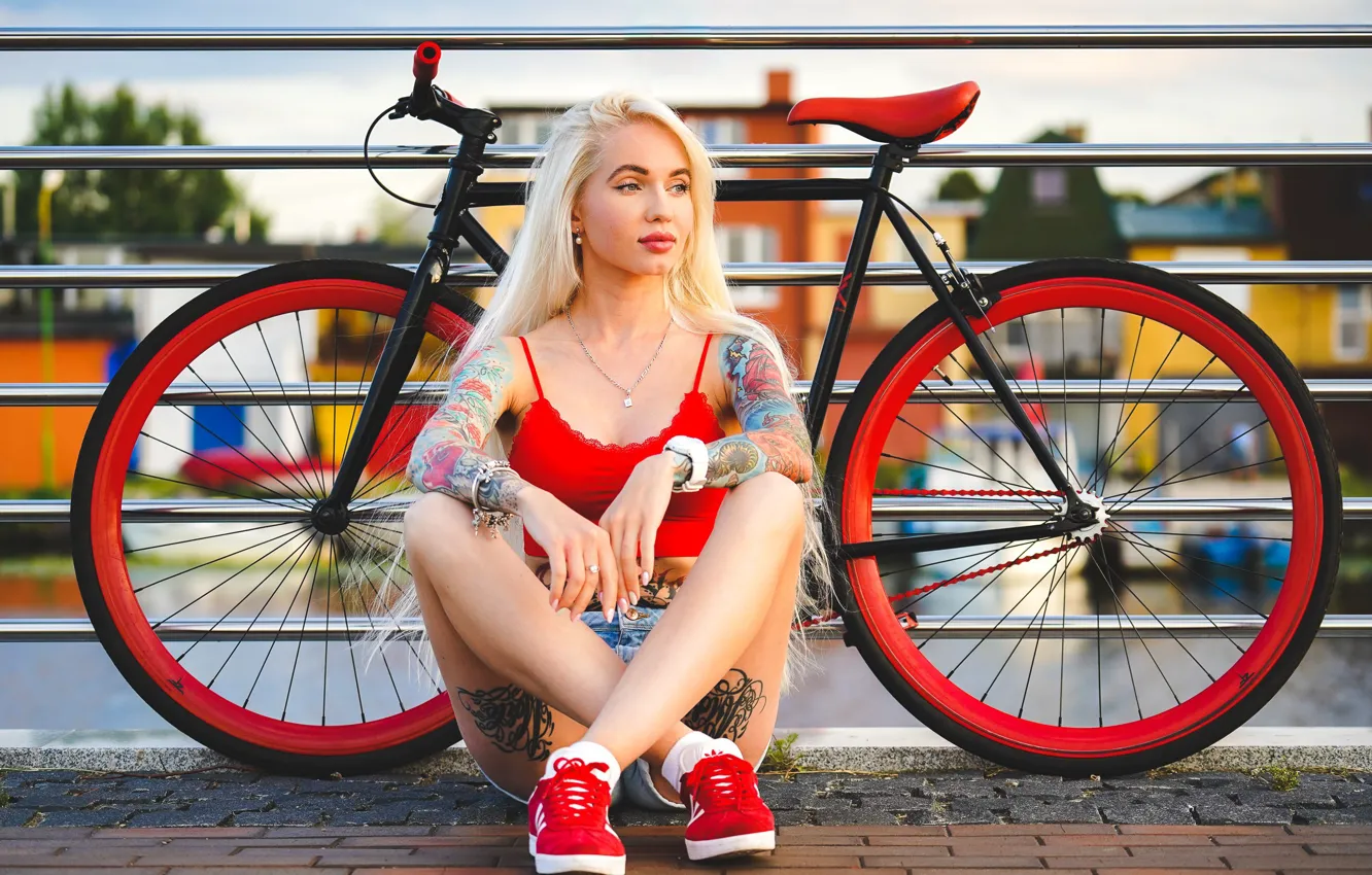 Photo wallpaper girl, bicycle, Model, shorts, legs, photo, blue eyes, fence