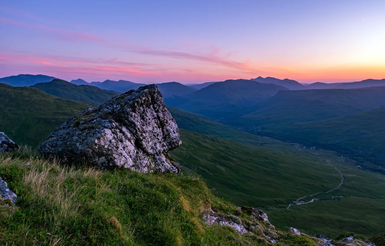 Photo wallpaper clouds, mountains, space, summer, grass, sunset, mountains, the beauty of nature