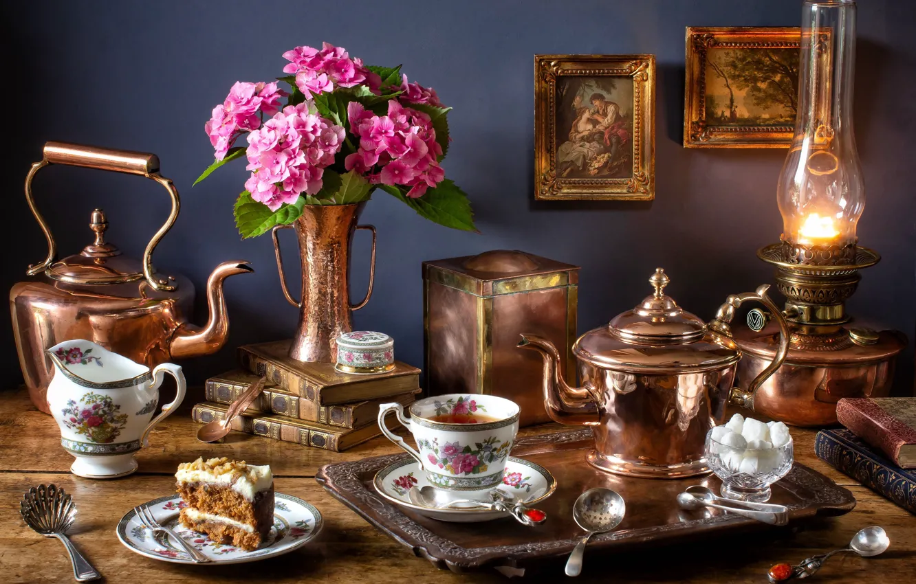 Photo wallpaper flowers, tea, bouquet, cake, still life