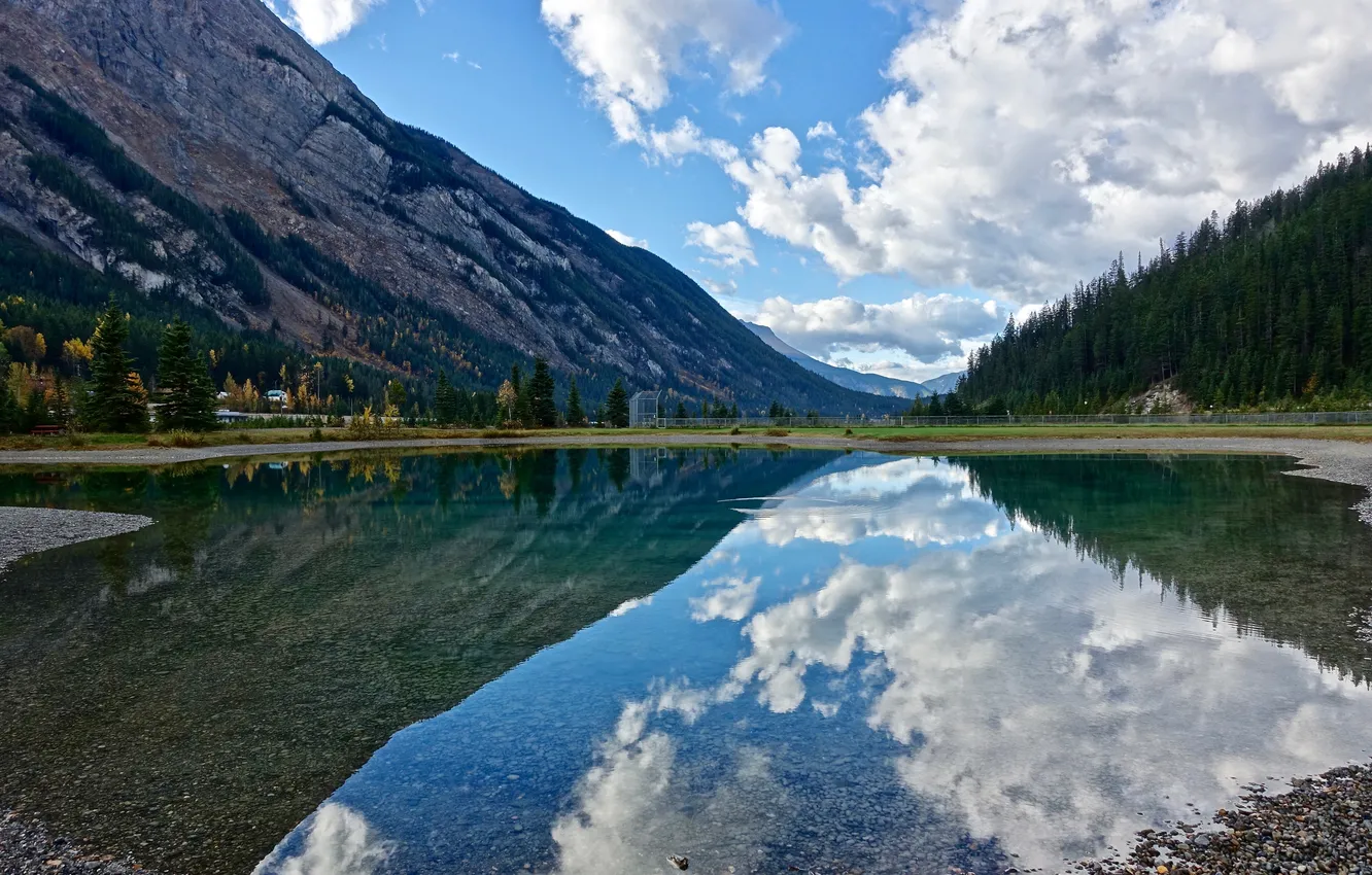 Photo wallpaper forest, the sky, clouds, trees, landscape, mountains, nature, lake
