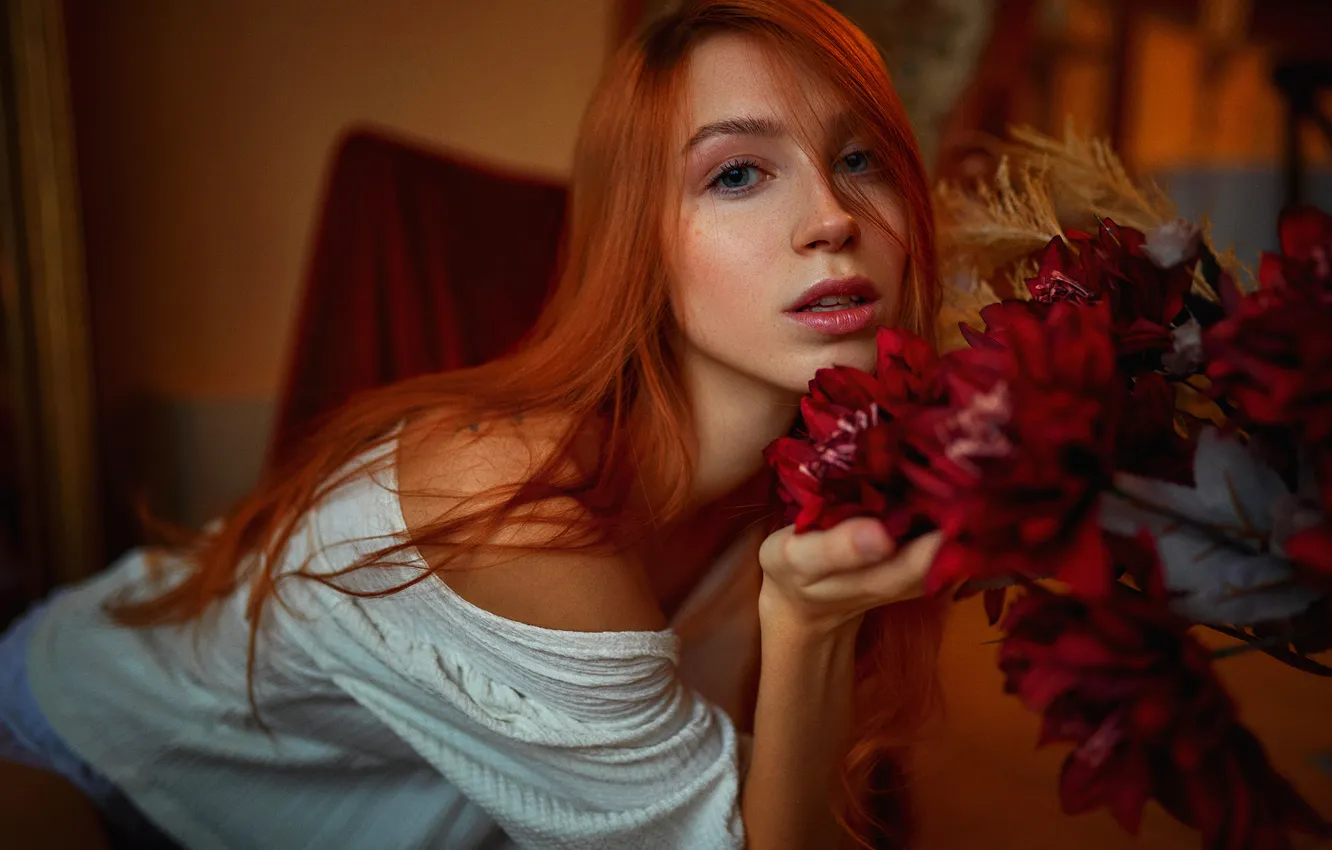 Photo wallpaper look, girl, flowers, face, pose, red, redhead, long hair