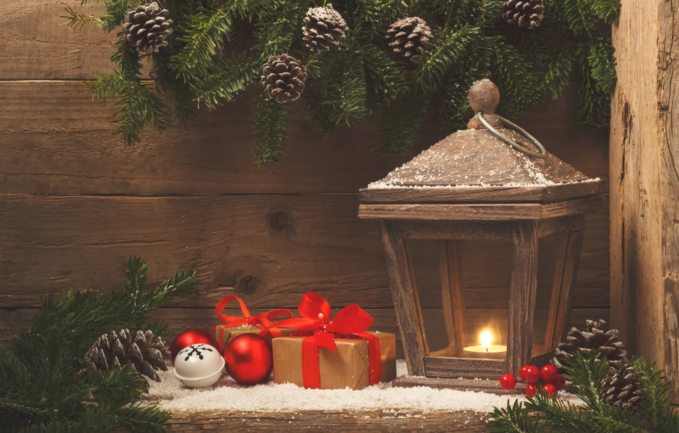 Photo wallpaper snow, decoration, balls, New Year, Christmas, lantern, gifts, Christmas