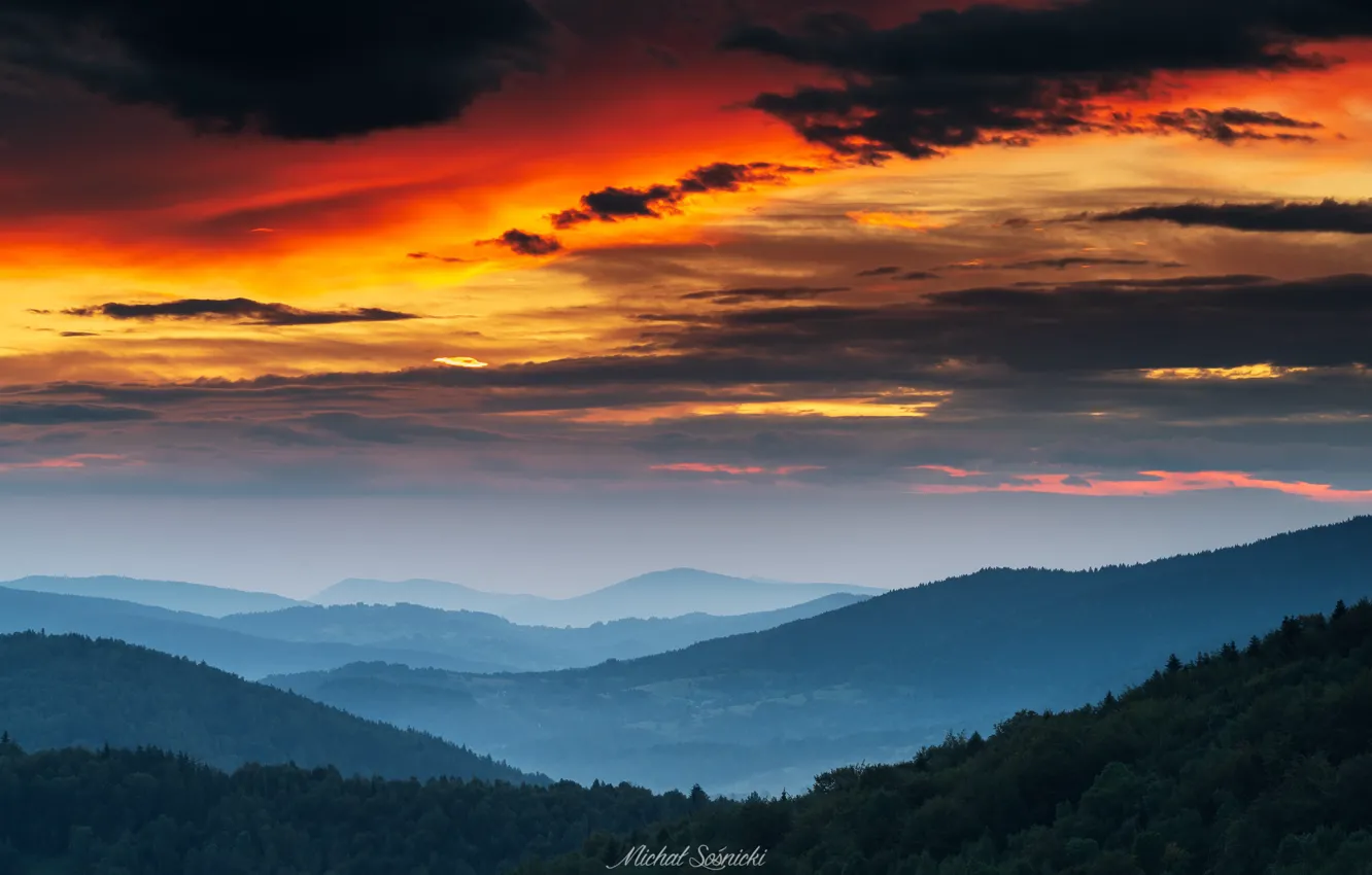 Photo wallpaper mountains, the sky, sunset, forest, Sośnicki Michael