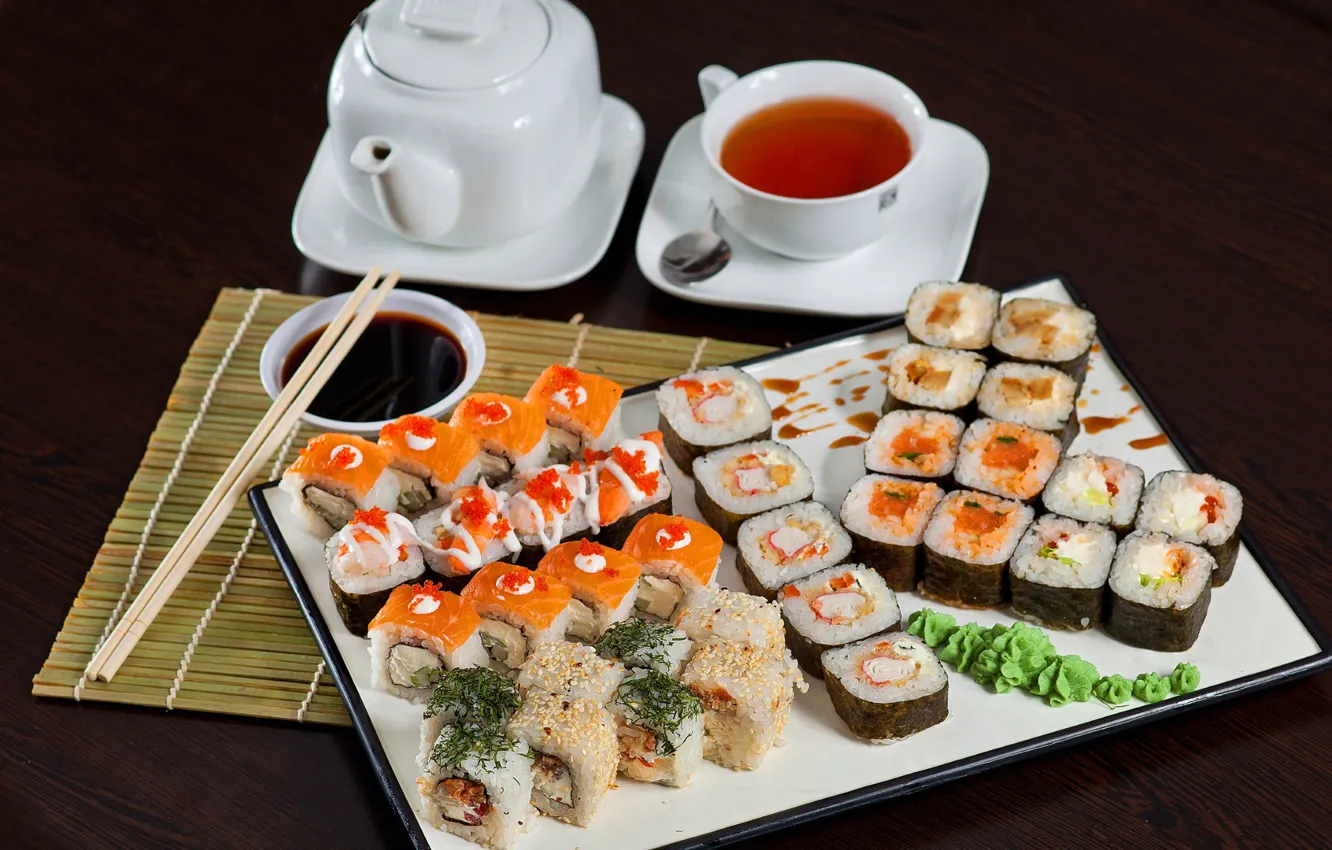 Photo wallpaper figure, sauce, sushi, rolls, salmon, Seth