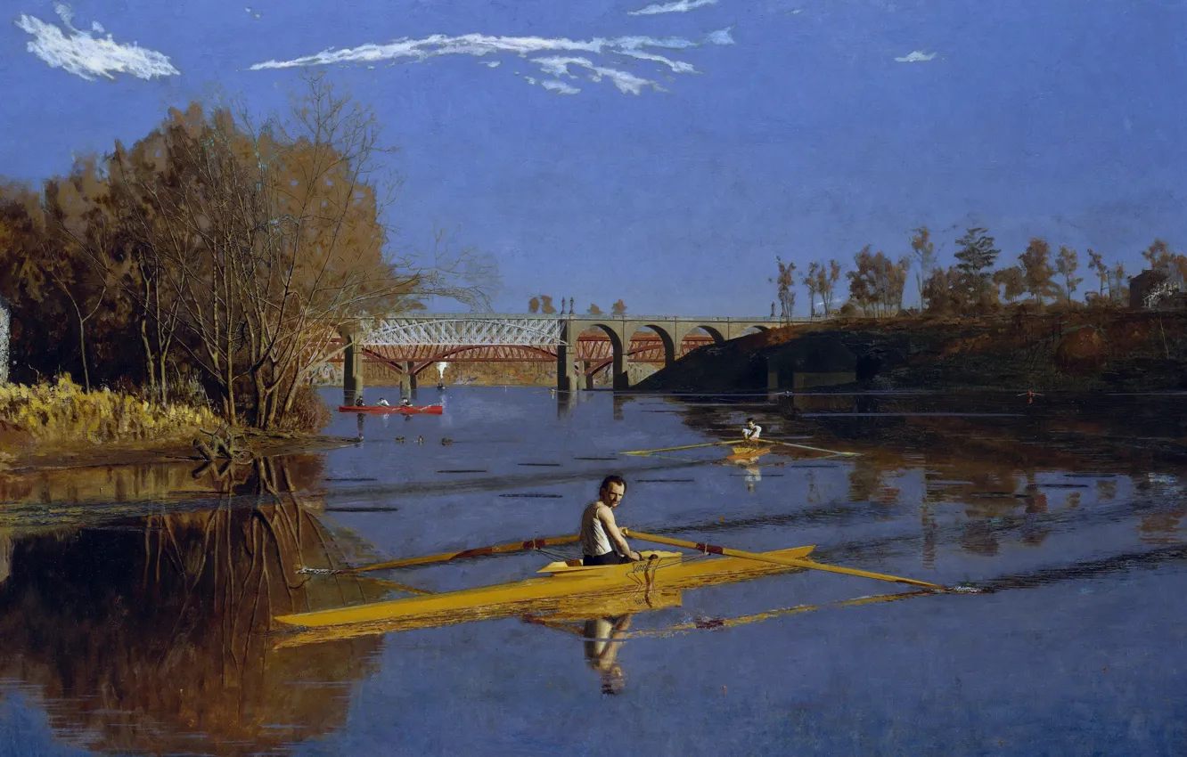 Photo wallpaper bridge, sport, picture, kayak, Thomas Cowperthwaite Eakins, The champion Max Schmitt in a Single Sculls