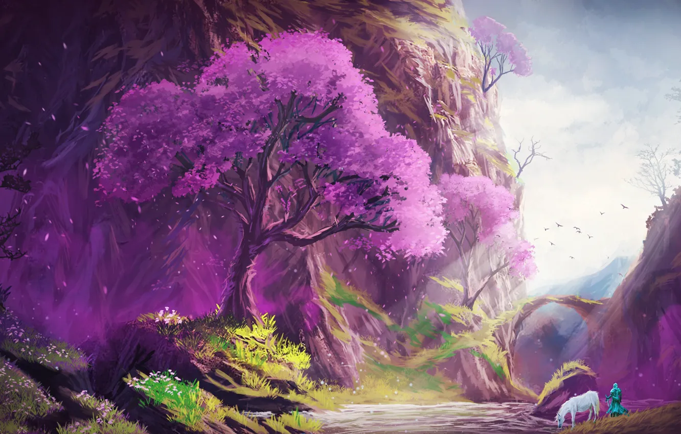 Photo wallpaper landscape, spring, flowering trees
