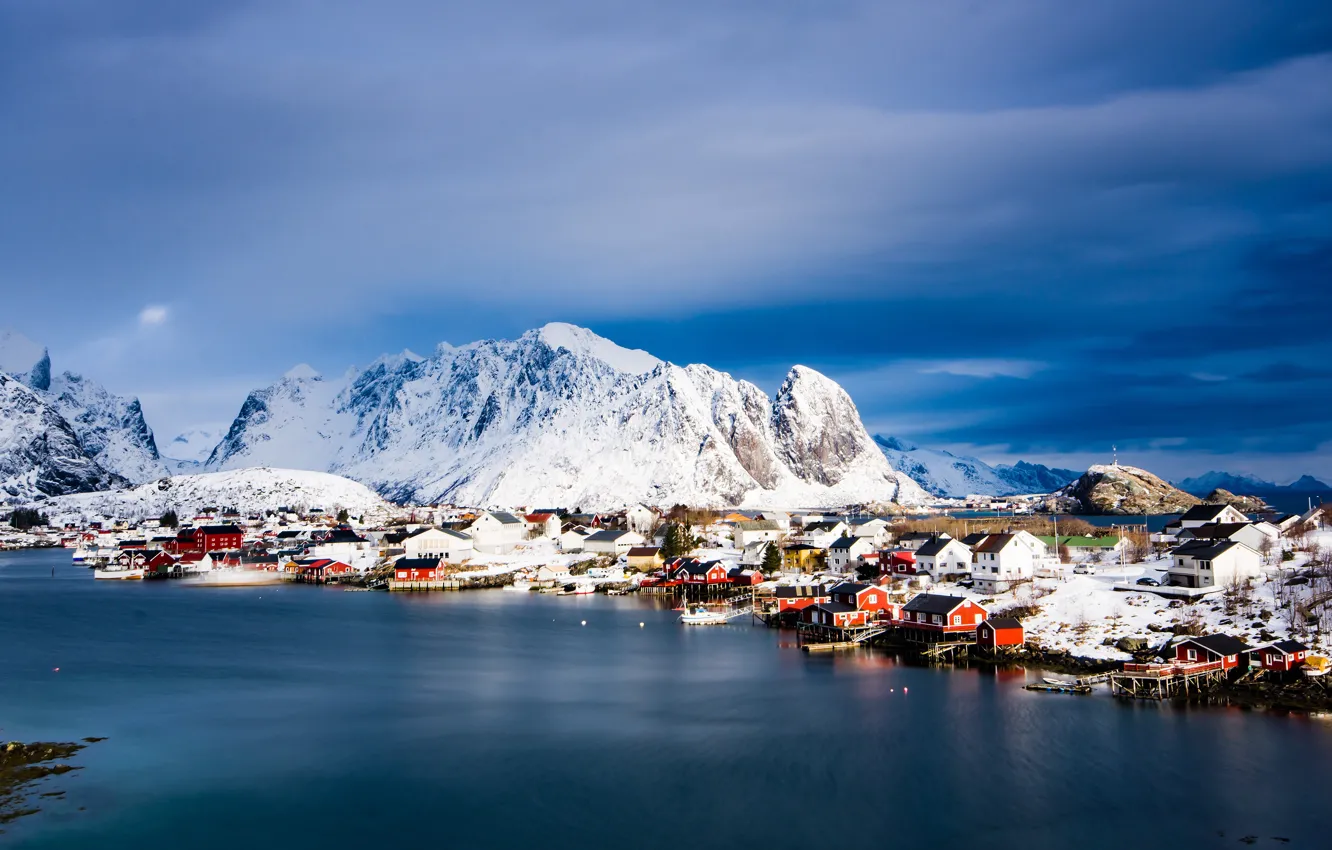 Photo wallpaper winter, snow, mountains, blue, rocks, shore, tops, the evening