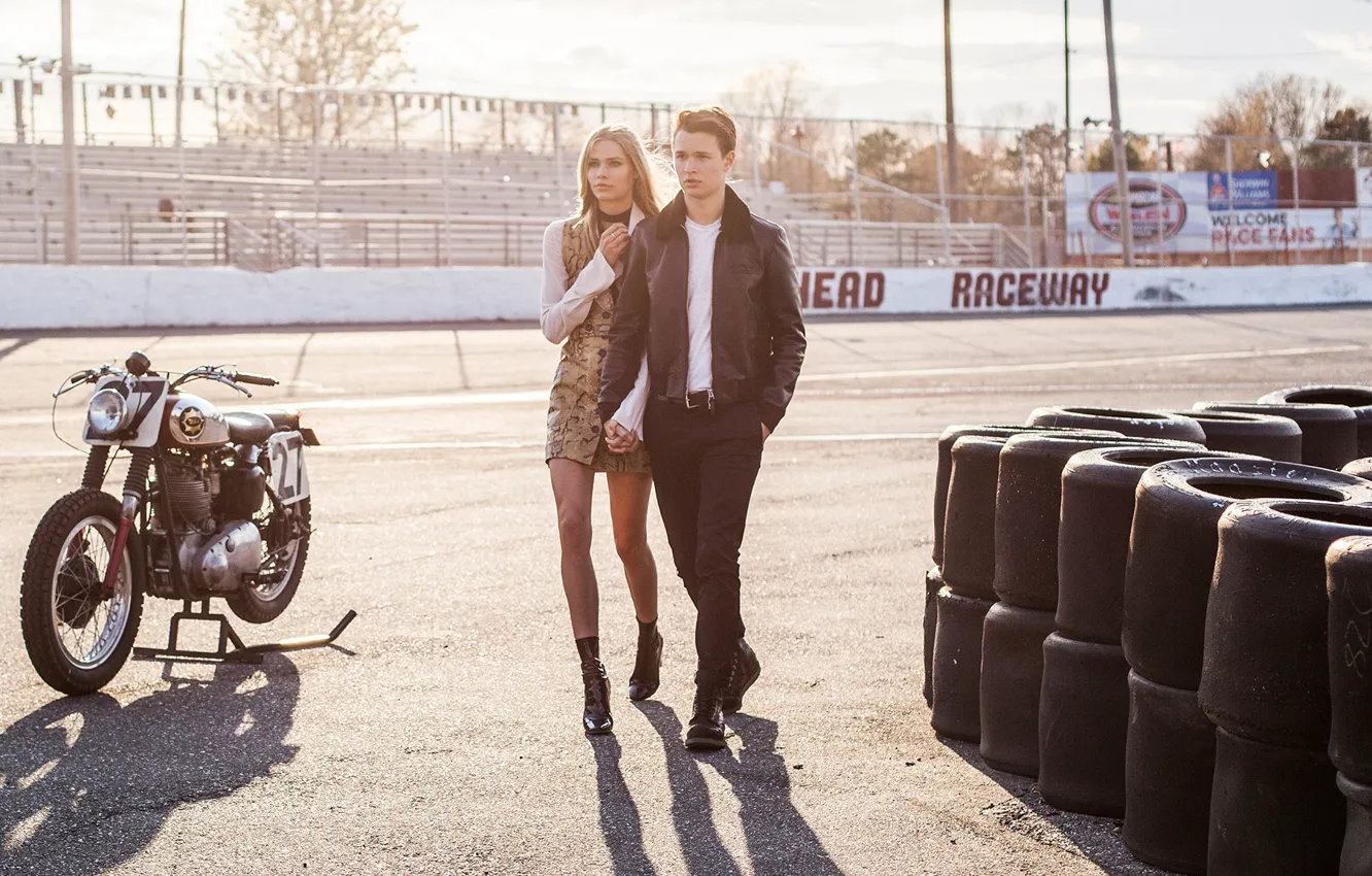 Photo wallpaper girl, the sun, pair, motorcycle, actor, guy, lovers, beautiful