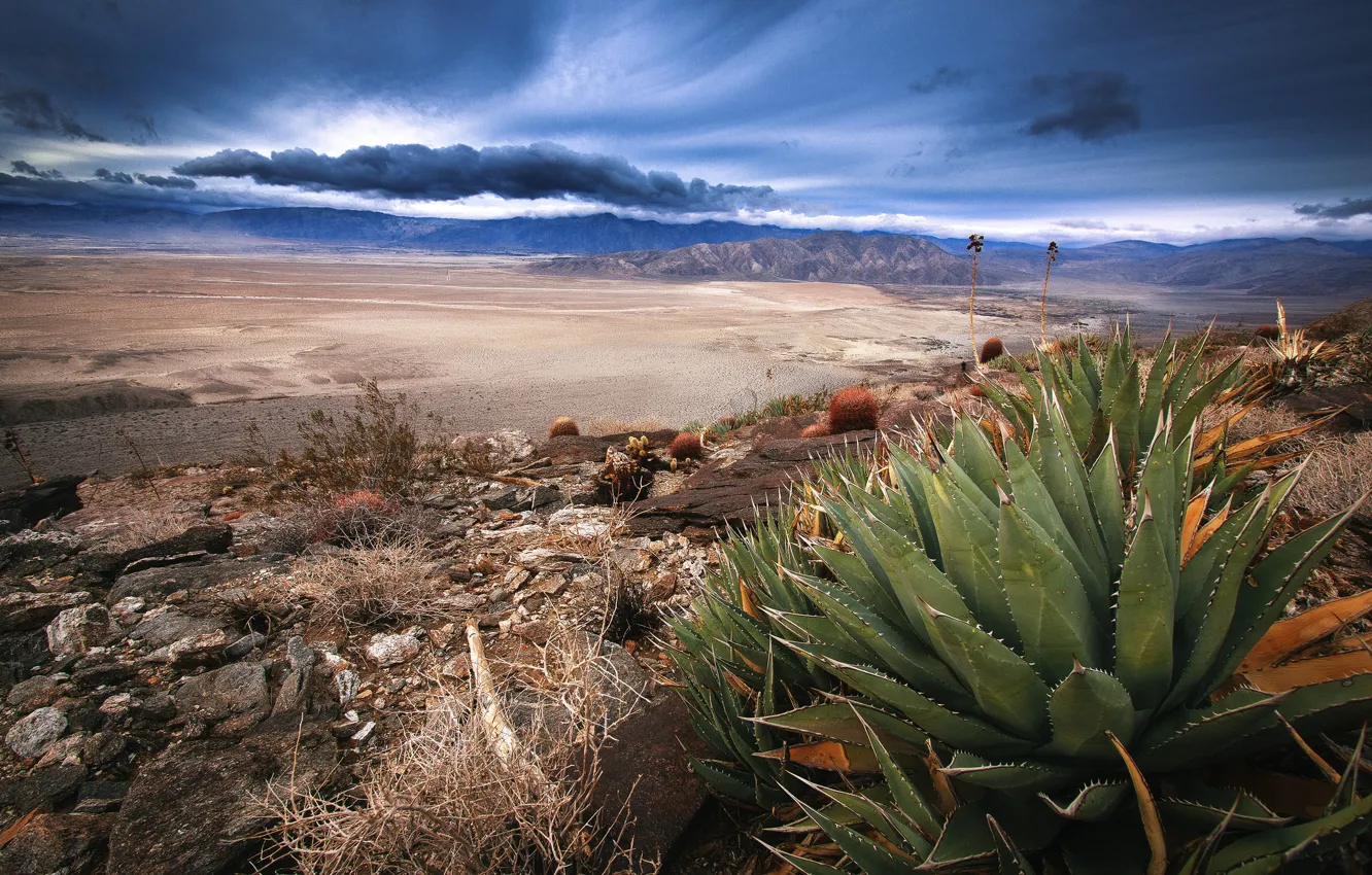Photo wallpaper desert, storm, Anza-Borrego, dry lake, mountain chain, southern California