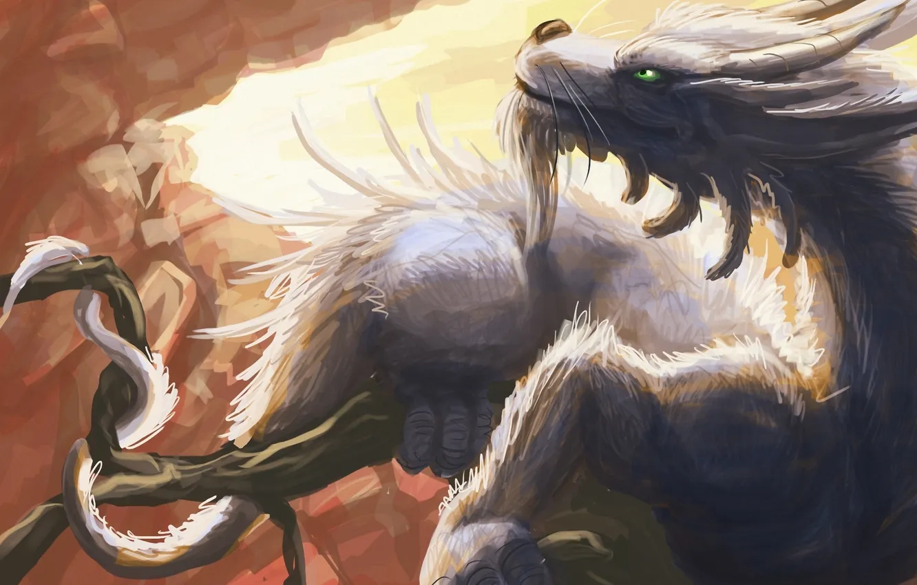 Photo wallpaper branches, rocks, dragon, feathers, art, tail, horns