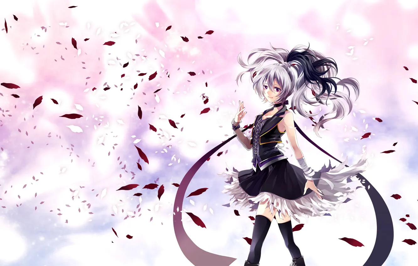 Photo wallpaper the sky, girl, clouds, smile, anime, petals, art, vocaloid