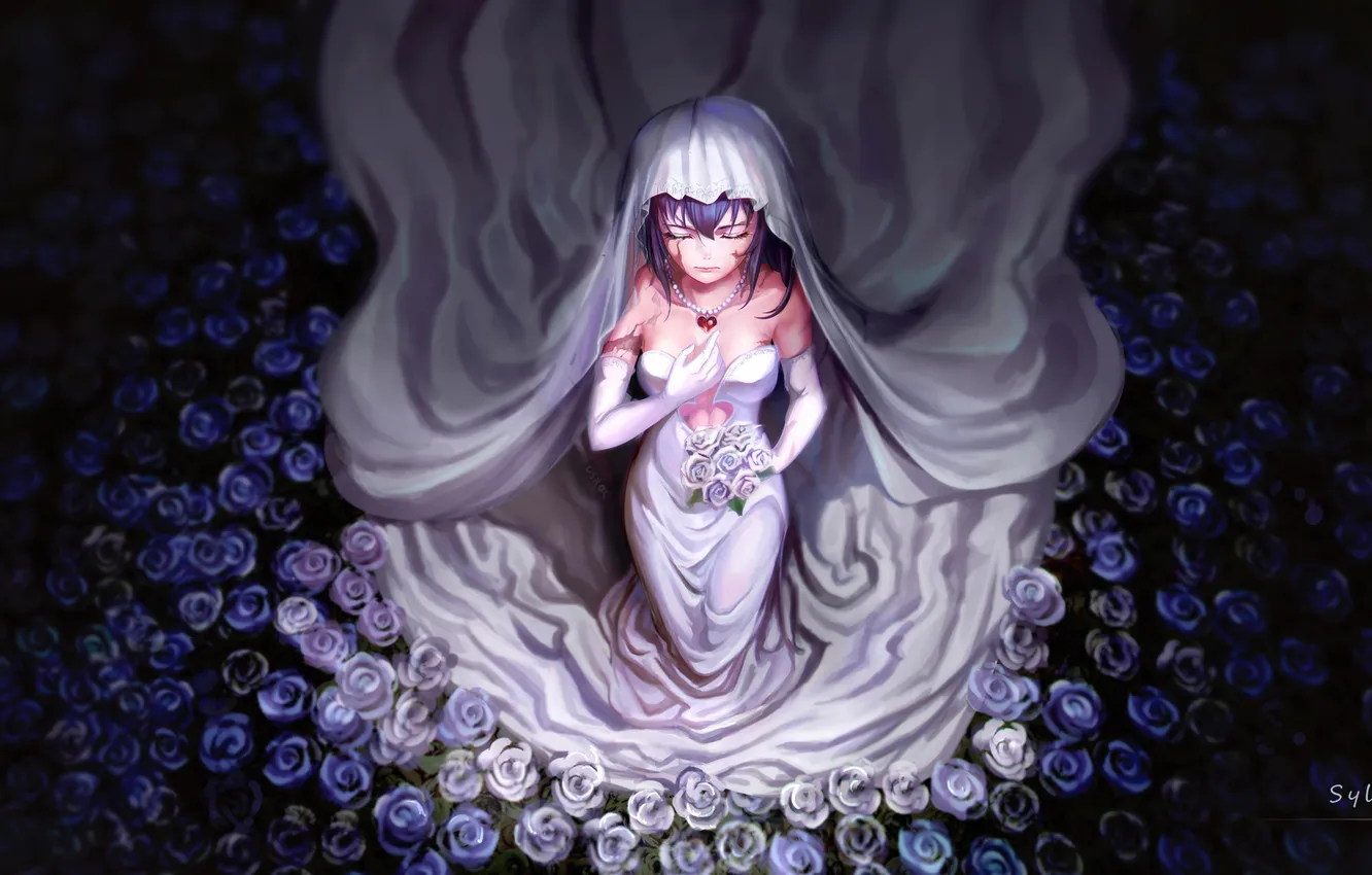 Photo wallpaper girl, flowers, roses, anime, art, the bride, veil, Ushas