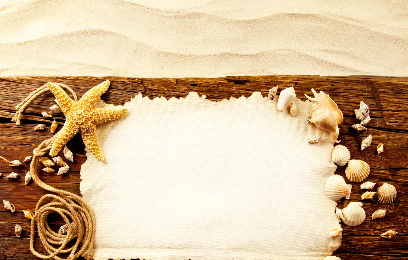 Photo wallpaper sand, paper, rope, shell, starfish