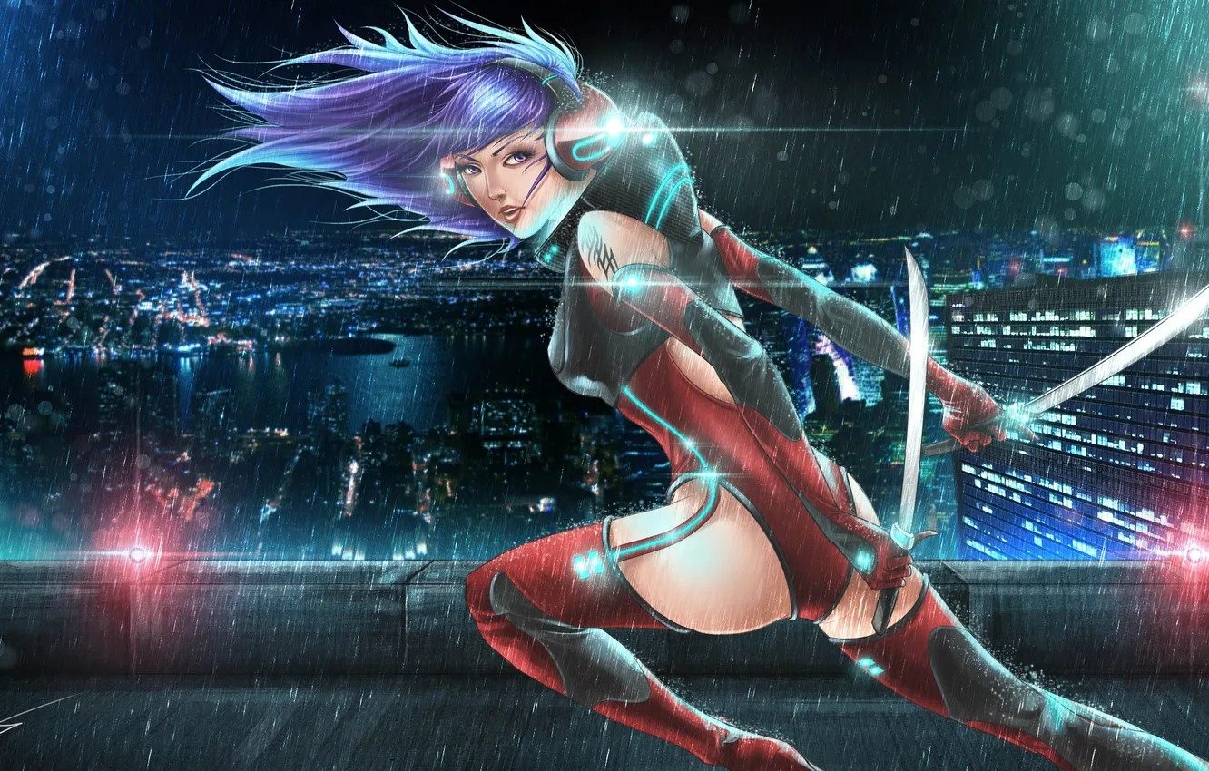 Photo wallpaper roof, look, girl, night, face, the city, weapons, rain
