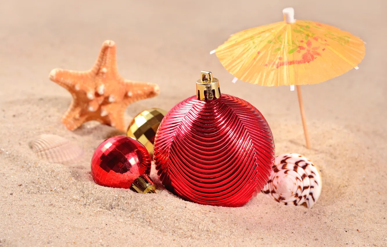 Photo wallpaper sand, sea, beach, decoration, toys, New Year, shell, beach