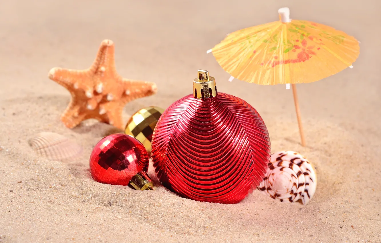 Photo wallpaper sand, sea, beach, decoration, toy, new year, shell, beach