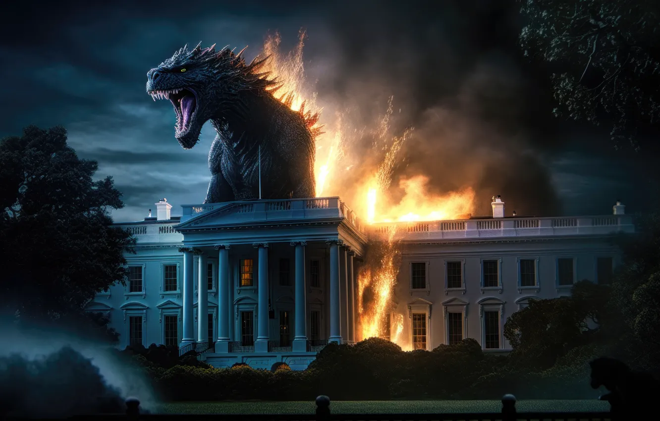 Photo wallpaper trees, night, clouds, lights, fiction, fire, flame, Apocalypse