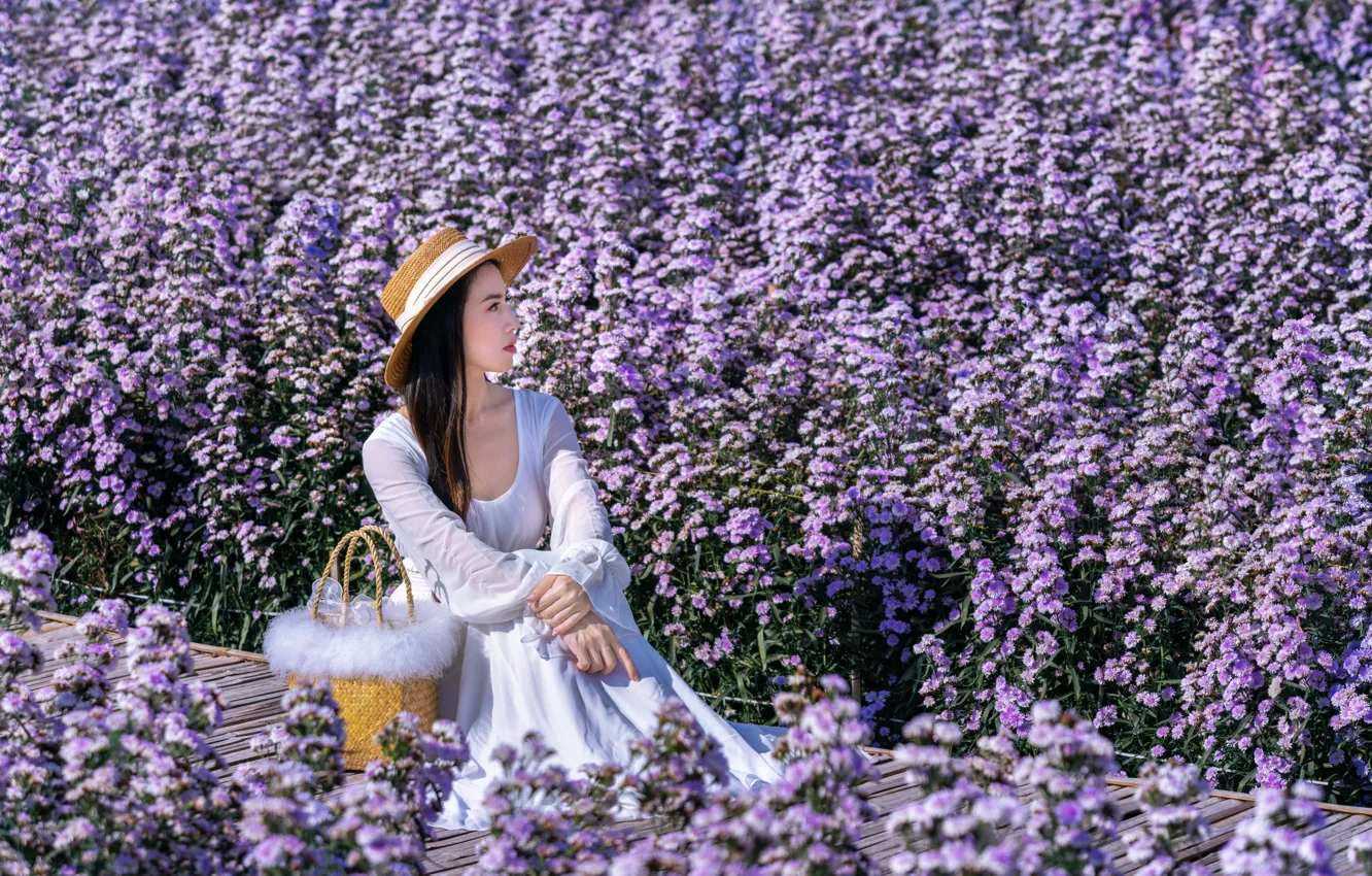 Photo wallpaper field, girl, flowers, hat, dress, Asian, sitting, basket