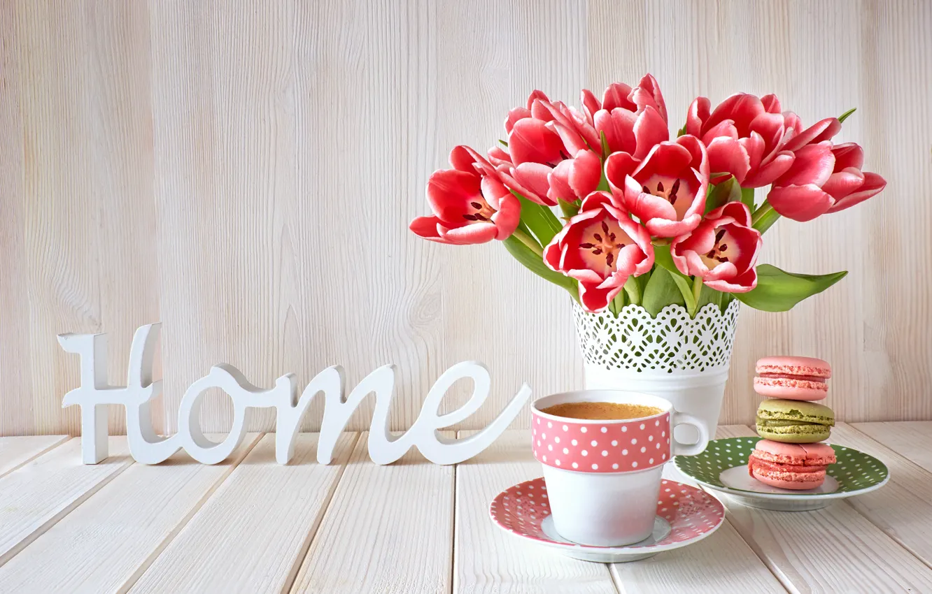 Photo wallpaper coffee, bouquet, tulips, espresso, macaroons, Anya Ivanova