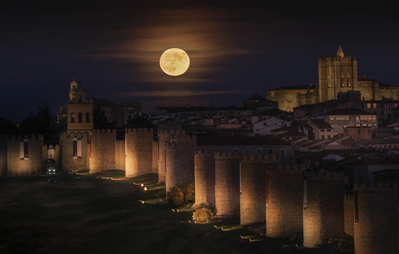 Photo wallpaper night, the city, castle, the moon, tower, moonlight, the full moon, Spain